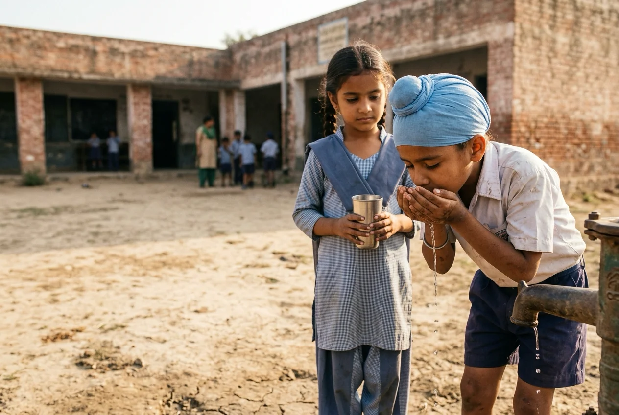 Schoolchildren at a rural Punjab government school carefully sharing water at a handpump.